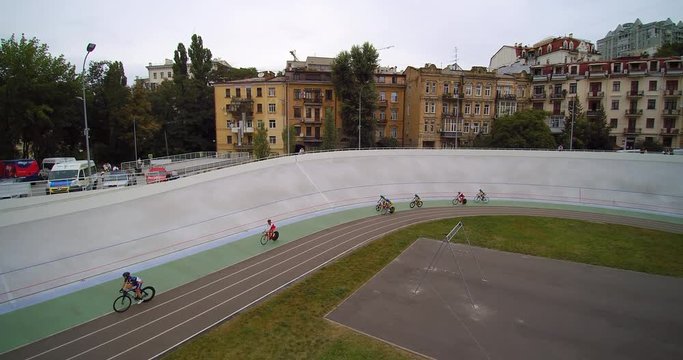 Velodrome In Kiev Cycling Track Cyclists In Bunch Cycling Race Aerial View Uci