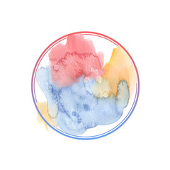 Wet red, yellow and blue brush strokes painted in watercolor surrounded by round frame on clean white background
