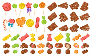 Candies, chocolate, lollipop set. Elements and icons collection. Vector