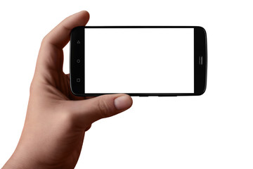 Men hand is holding a black smartphone with a blank white screen. Isolated on white background.