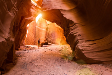 Rear view of female hiker taking picture of canyon with smartphone