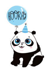 Hooray! Cute little panda bear with balloon. Hand drawn vector illustration. Happy birthday greeting card