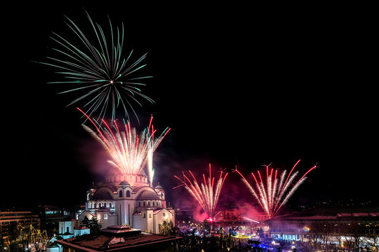 Belgrade, Serbia - January 14, 2019: Orthodox New years eve celebration with fireworks over the Church of Saint Sava at midnight in Belgrade, Serbia