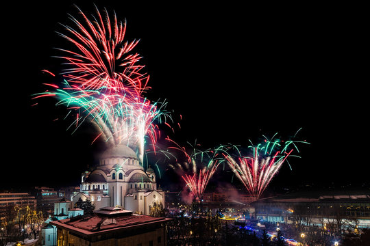 Belgrade, Serbia - January 14, 2019: Orthodox New years eve celebration with fireworks over the Church of Saint Sava at midnight in Belgrade, Serbia
