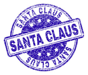 SANTA CLAUS stamp seal imprint with distress texture. Designed with rounded rectangles and circles. Blue vector rubber print of SANTA CLAUS text with dust texture.