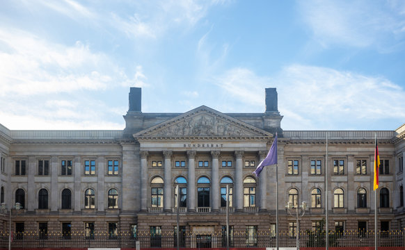 Berlin, Bundesrat building under german cloudy sky. Prussian House of Lords in panoramic view.