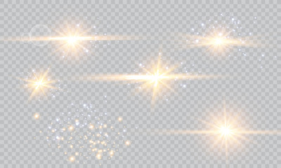 Vector illustration of abstract flare light rays. A set of stars, light and radiance, rays and brightness. Glow light effect. Vector illustration. Christmas flash Concept.