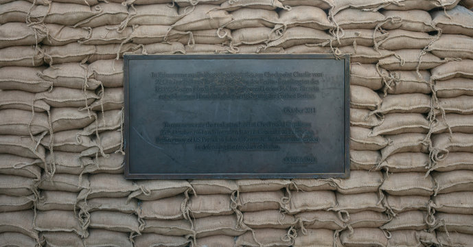 Checkpoint Charlie or Checkpoint C. Border between east and west Berlin at Cold War's period.