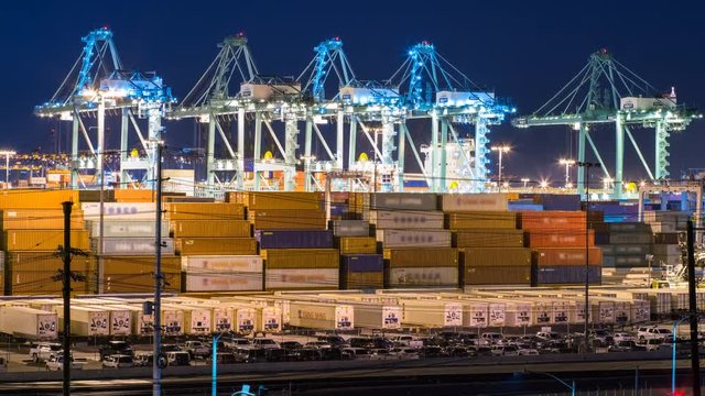 Timelapse of Cranes Loading Containers in Port of Los Angeles -Zoom In-