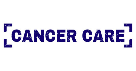 CANCER CARE text seal print with corroded effect. Text title is placed between corners. Blue vector rubber print of CANCER CARE with retro texture.