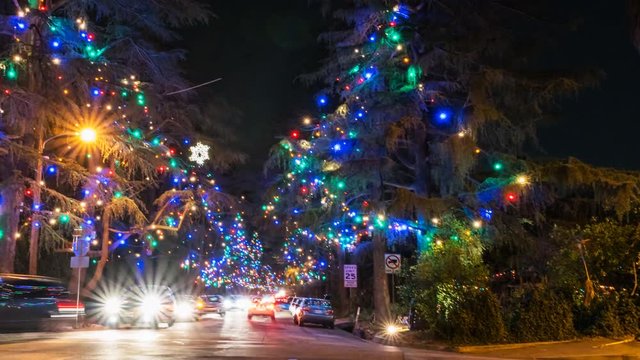 MoCo Timelapse of Christmas Tree Lane Illumination in Altadena -Pan Left-