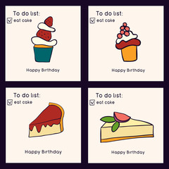 Set of birthday greeting cards. Doodle style collection of cakes. Sweets and pastries. Vector illustration.