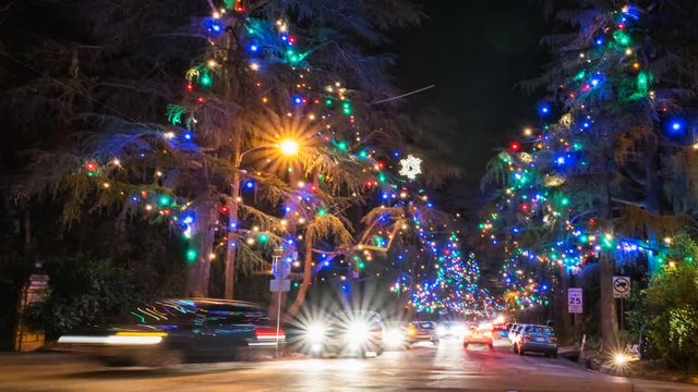MoCo Timelapse of Christmas Tree Lane Illumination in Altadena -Pan Right-