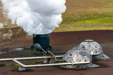 View at active steam stack and parts of Krafla geothermal power plant in Nordurland eystra region...