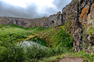 Vue at Asbyrgi Glacial Canyon in Northern Iceland, Asbyrgisskogur forest and Botnstjorn lake