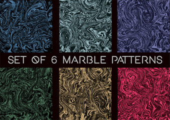 Set of six marble seamless patterns. Set of vector marble seamless textures. Colorful marble patterns. Pastel vector marble textures