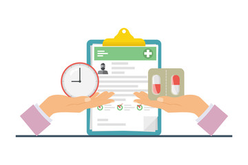 The concept of time and health, time to take medicine. Vector illustration.