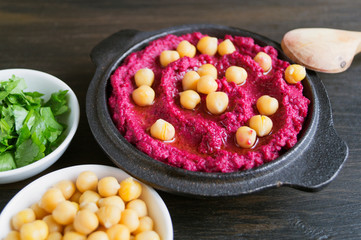 Proper diet. beetroot hummus with rye bread.