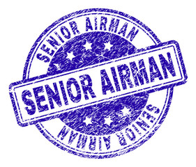 SENIOR AIRMAN stamp seal watermark with distress texture. Designed with rounded rectangles and circles. Blue vector rubber print of SENIOR AIRMAN tag with dust texture.