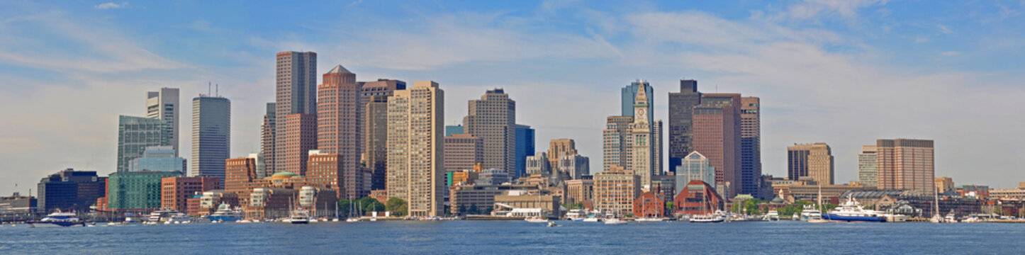 Boston Skyline and Custom House panorama from East Boston, Massachusetts, USA.