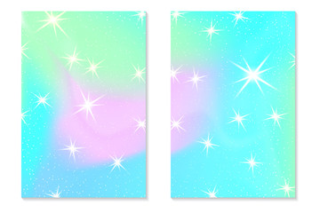 Unicorn rainbow background. Holographic sky in pastel color. Bright hologram mermaid pattern in princess colors. Vector illustration. Unicorn Fantasy gradient colorful backdrop with rainbow mesh.