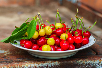 cherries, fruits, harvest (ripe and juicy fruits). top copy space. food background