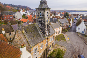 Aerial view of Culross town with it's beautiful 17th century Palace, the merchant's house and...