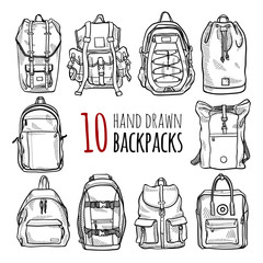 Fototapeta Set of 10 fashion backpacks sketches. Vector hand drawn isolated illustration obraz
