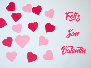 San Valentine´s day decoration card made with red and pink paper hearts
