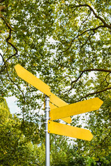 Yellow blank directional arrows on signpost. Choices Confusion Life Decisions.
