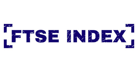 FTSE INDEX tag seal print with corroded style. Text tag is placed inside corners. Blue vector rubber print of FTSE INDEX with corroded texture.