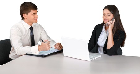 Fototapeta premium Businessman and Businesswoman at Work - Isolated