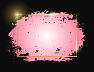 Gold shiny glowing rectangle frame with pink brush strokes isolated on black background. Golden line border for invitation, card, sale, fashion, wedding, print. Woman, Valentine or mother day. Vector