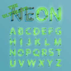 Realistic green neon character typeset, vector