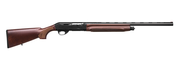 semi-automatic shotgun with a wooden butt and forearm isolated on white