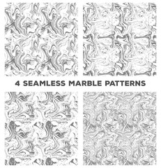 Set of four marble seamless patterns. Set of vector marble seamless textures. Black and white marble patterns. 