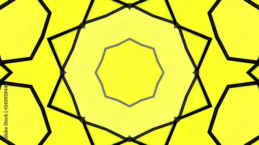 Poster yellow background with black stripes. animated pattern. abstract kaleidoscope background. 3d render