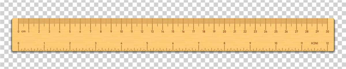 Realistic wooden tape ruler isolated on transparent background. Double sided measurement in cm and inches. Vector illustration - obrazy, fototapety, plakaty