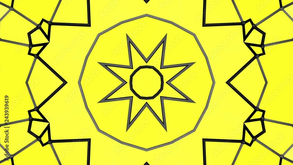 Poster yellow background with black stripes. animated pattern. abstract kaleidoscope background. 3d render