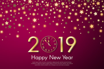 Fototapeta na wymiar Golden New Year 2019 concept on purple blurry starfall background. Vector greeting card illustration with golden numbers and vintage clock