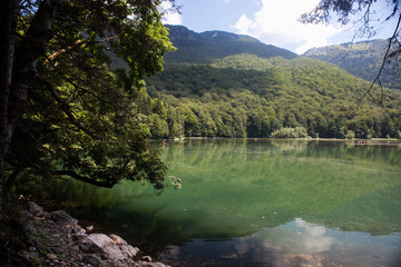 Fototapeta na wymiar View of Biogradsko lake in National park Biogradska gora in Montenegro. popular touristic destination with virgin forests and beautiful mountains.