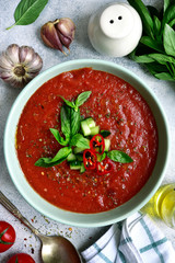 Traditional spanish cold tomato soup.Top view with copy space.