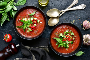Traditional spanish cold tomato soup.Top view with copy space.
