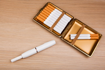 electronic smoke device cigarette wooden table nobody 