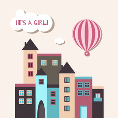 It's A Girl Baby Shower Card With Colorful Buildings And Blue Hot Air Balloon 