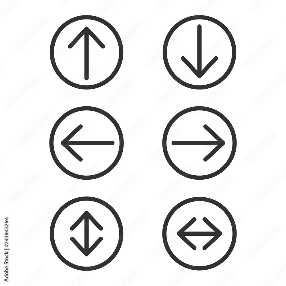 Poster arrow in circle icon set. collection of round icons with different direction arrows. editable stroke