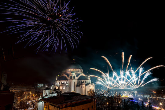 Belgrade, Serbia - January 14, 2019: Orthodox New years eve celebration with fireworks over the Church of Saint Sava at midnight in Belgrade, Serbia