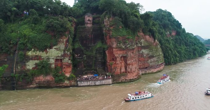 Aerial view of Leshan Giant buddha by the river the UNESCO World Heritage Site at Sichuan China.