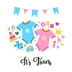 It is a Twins. Baby shower card Baby things. Vector hand drawn doodle illustration, cartoon flat style