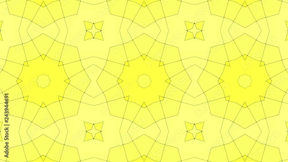 Poster yellow background with black stripes. animated pattern. abstract kaleidoscope background. 3d render